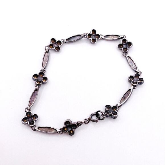 Vntg Sterling Silver With Blue Crystal and Marcasite Flowers Bracelet - Picture 5 of 5